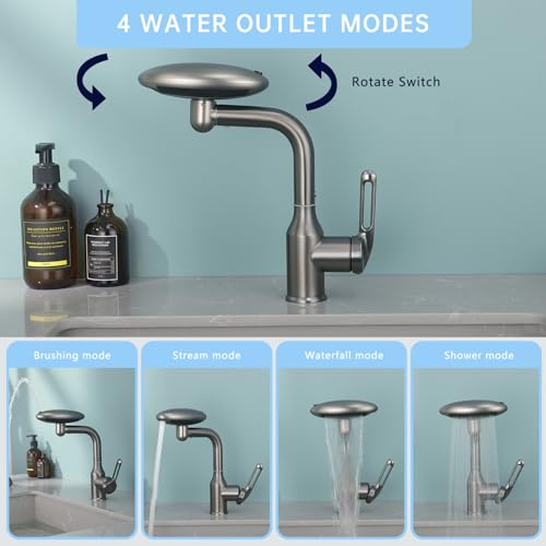 Image of ICRREH Waterfall Bathroom Sink Faucet, Multifunctional Basin Faucet with 4 Water Outlet Modes Single Hole, Modern 360Rotatable Bathroom Faucet with Two Water Supply Pipes, Gray