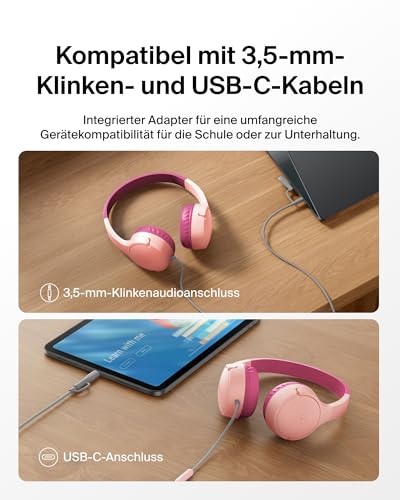 Belkin SoundForm Kopfhörer Kinder mit Kabel, USB-C auf 3,5-mm-Klinken Dongle, integriertes Mikrofon, Aufkleber… – Ansicht 3
