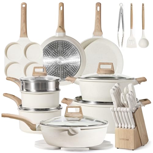 Image of CAROTE ICE 35pcs Pots and Pans Set, Nonstick Cookware Sets, White Granite Induction Cookware with Kitchen Knife Set