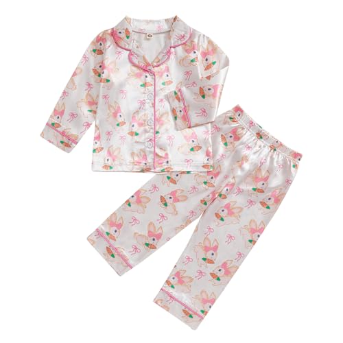 Toddler Baby Girl Boy Easter Satin Pajamas Set Cute Bunny Long Sleeve Button-up Shirt Top Long Pants Sleepwer