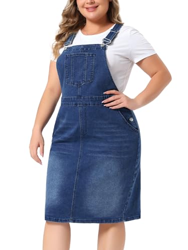 Image of Agnes Orinda Plus Size Denim Overall Dress for Women Vintage Adjustable Strap Pinafore Bib Jean Dresses with Side Pockets