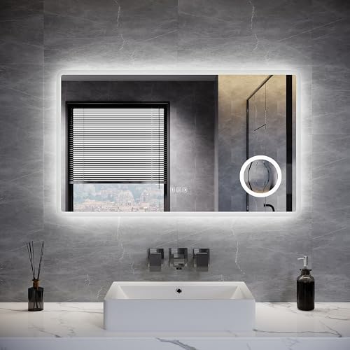 ELEGANT Bluetooth Bathroom Mirror with LED Lights 100x60cm, Backlit Illuminated Wall Mirror with 3x Magnifier, Shaver Socket, 3 Colors Dimmable, Defogging, Touch Switch & Memory Function, IP44