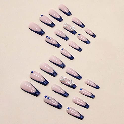 Yoyoee Long Coffin False Nails Blue Butterfly Press On Nails French Fake Nails Acrylic Ballerina Nails Tips For Women And Girls 24Pcs thumb #2