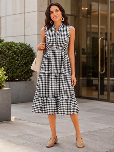 Image of BROVAVE Womens 2026 Summer Sleeveless Shirt Dress Collar Striped V Neck Casual Midi Dresses
