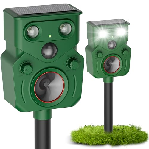 2 Packs Ultrasonic Animal Repeller Solar Powered, Cat Repellent Outdoor with Motion Sensor, Waterproof Deer Repellent Devices with LED Flash Light, Effective Repel Invasive Animals to Protect Yard