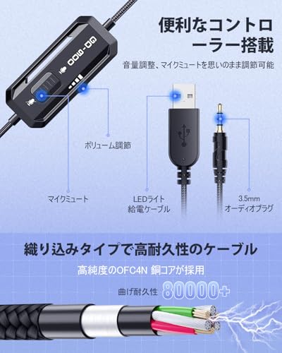 YPBDAN ゲーミングヘッドセット PS5 ヘッドセット ノイズキャンセリング マイク付き 3.5mm有線 ゲーミングヘッドホン 重低音 LEDライト コントローラー ミュート付き ステレオ ヘッドフォン FPS ゲーム用 Nintendo Switch Xbox One PS4 PC スマホ対応 (ホワイト)