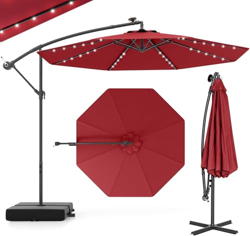 GOPLUS Parasol de Jardin Extérieur avec Pied, Parasol Déporté 3x3M, avec 40 Lampes Solaires, Toile Inclinable, Manivelle, 8 Baleines, Anti-UV, pour Terrasse Cour...