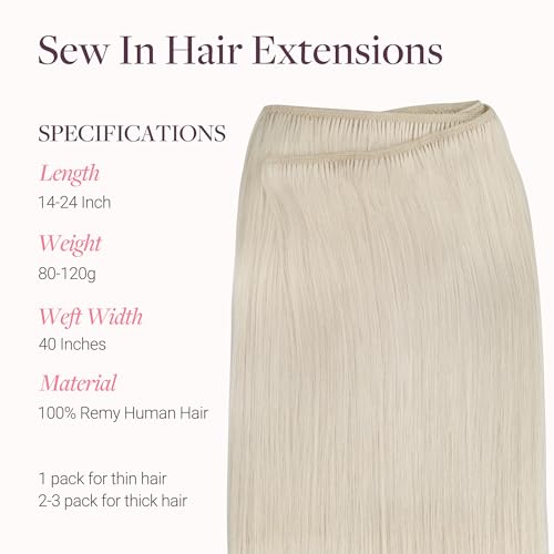 Image of GOO GOO Sew in Hair Extensions Real Human Hair, Weft Hair Extensions Human Hair, 60A Platinum Blonde 20inch 100g, Weft Bundles Straight Silky Remy Hair
