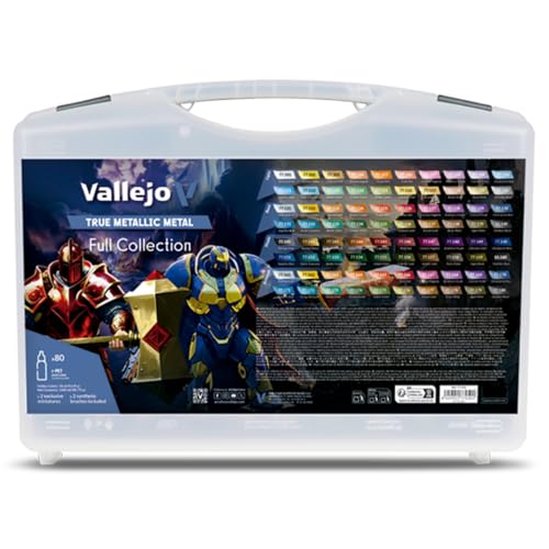 Vallejo True Metallic Metal – Maletín con Colección Completa de 80 Colores, 20 Familias Cromáticas, Pinceles y Figuras Exclusivas para Pintura y Aerografía