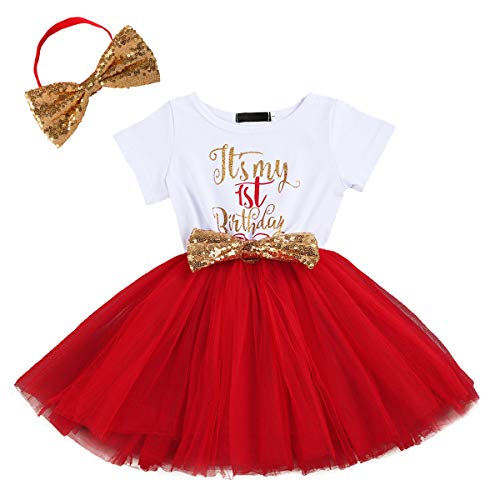 Baby Girls Newborn Christmas Birthday Party Cake Smash Princess Dress up Bowknot Sequin Tulle Tutu Dance Ball Gowns Red One Year+ Gold Headband