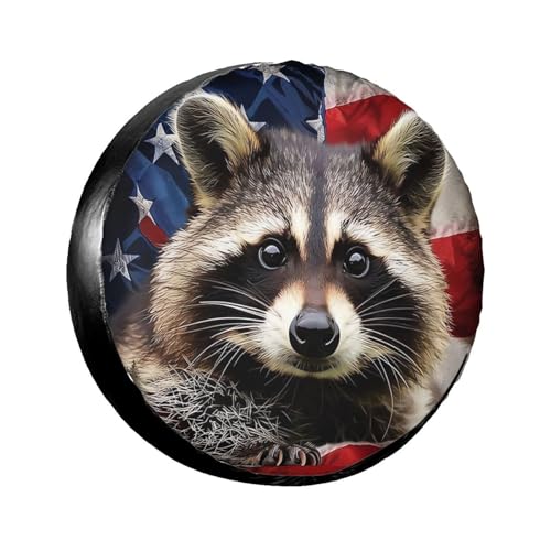 Image of American Flag Raccoon Spare Tire Cover for Rv Trailer Camper Truck SUV - Cute Raccoon Animal Wheel Protectors Cover Waterproof Fabric for Travel Camping Outdoor,Universal Fit,17 inch