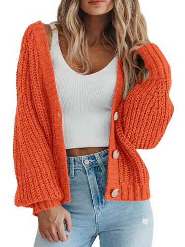 PRETTYGARDEN Women's Short Cardigan Sweaters V Neck Button-Down Long Sleeve Oversized Chunky Knit Cardigans (Orange, Medium)