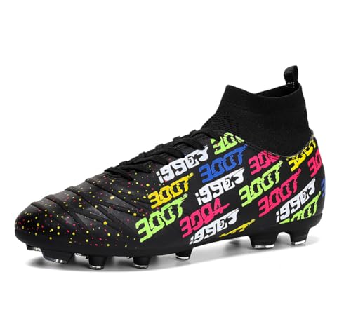 MAUGELY Men's Cleats Firm Ground Soccer Shoes Athletic Lightweight Running Outdoor Turf Comfortable Training Football Shoes Size 10/8.5 Black