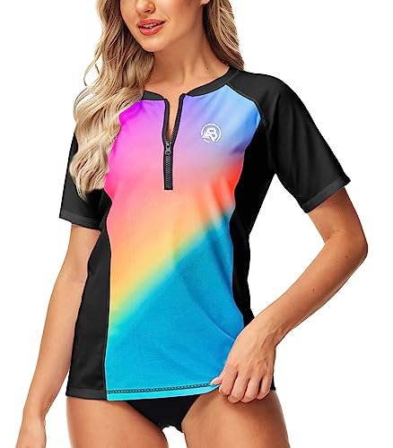 Image of AOBUTE Women Zip Rash Guard UPF 50+ Gradient Short Sleeve Swim Top Surf Shirts