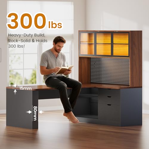 Image of SEDETA L Shaped Computer Office Desk with 3 Wood Drawer and Large Bookshelf