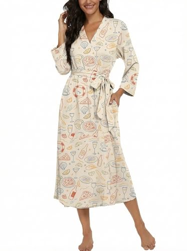 Image of VINTATRE Robes for Women Long Knit Bathrobe XS-4XL | 3 /4 Sleeve Bathrobes with Pockets, Stretchy and Lightweight Fabric, Inner Tie and Fixed Outer Matching Belt, Mid Calf Length