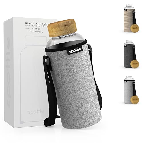 spottle Glasflasche 1 5 liter - Trinkflasche Glas 1 5 L mit Deckel - Glass bottle - Wasserflasche - Glastrinkflasche für Kohlensäure geeignet - spülmaschinenfest (Grau meliert 1500ml / 1 5 Liter)