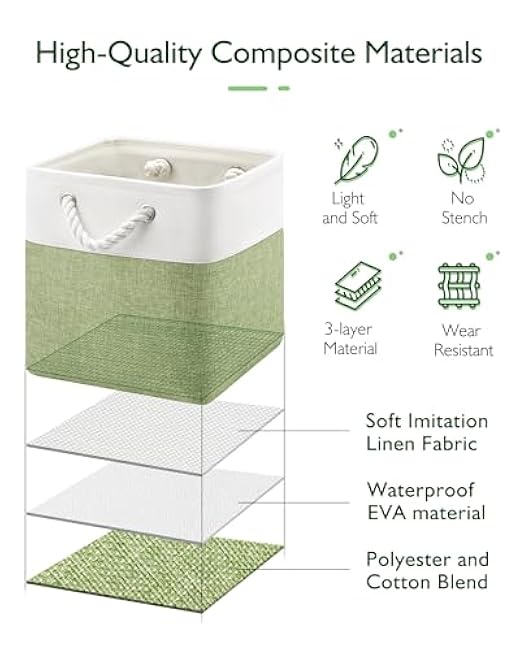 11x11 Cube Storage Bins, 6 Pack Foldable Fabric Organizer Bins with Rope Handles, Storage Cubes for Organizing Bedroom, Living Room, Clothes and Toys, Shelves and Closet (White & Green)