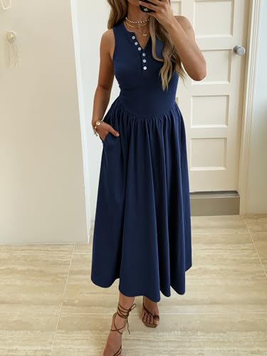 Women's Summer Casual Dresses Sleeveless Knitted V Neck Sundress Drop Waist A Line Long Maxi Dress with Pockets3