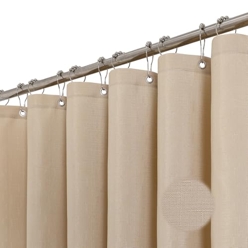 HONCO DIRECT Beige Boho Faux Linen Fabric Shower Curtain, Textured Hotel Luxury Waterproof Decorative Heavy Duty Polyester Cloth Shower Curtain Set, 72x72 inches