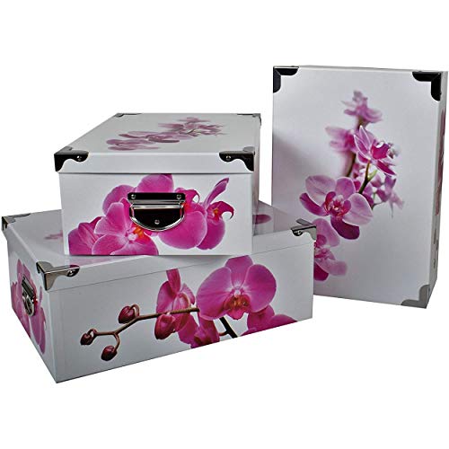 2J Set Di 3 Scatole Originali In Cartone Stampato Orchidea Con Angoli E Maniglie In Metallo. Molto Bello Grande Decorato Dimensioni Scatola Di Design 