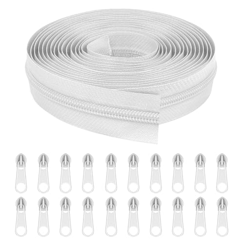 10 Yards White Nylon Coil Zipper for Sewing, #3 Bulk