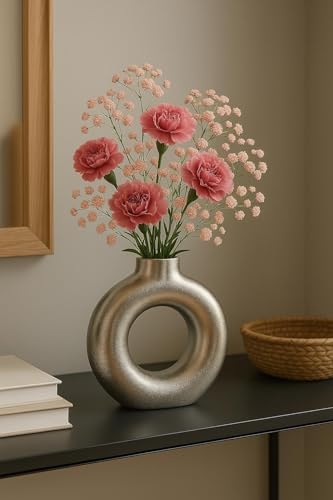 Image of Amazon Basics Artisan Crafted Ceramic Donut Shaped Vase for Unique Home Decor (9L cm x 4W cm x 16H cm) - Pack of 1, Silver