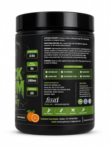 Image of Black Venom Pre-Workout Powder |Tangy Orange Flavour| Caffeine 280mg |25 Servings | 250 gm Pack of 5