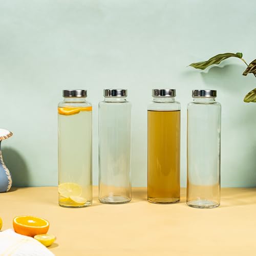 Image of Glassbunny Glass Fridge Water Bottle with Steel Cap 1000ML | Leak Proof & Break-Proof - Detox Water Bottle Wide Mouth & Easy to Clean Pack of 4