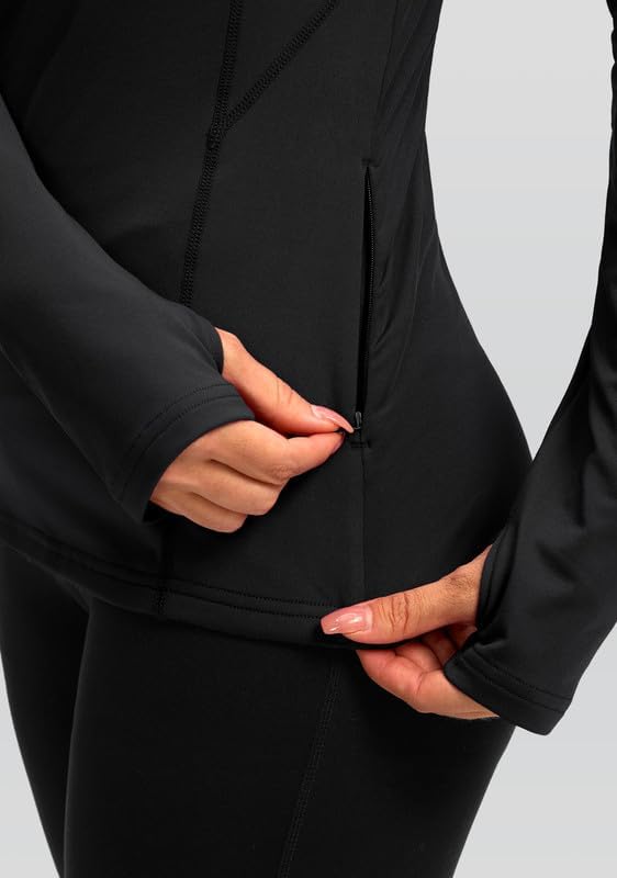 Women's Thermal Fleece Tops Long Sleeve Workout Shirts Running Athletic Base Layer with Thumb Holes Zipper Pocket - Image 4