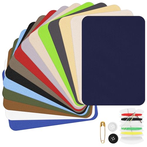 AUAUY 15PCS Iron on Patches Premium Quality Iron-on Cotton Patches 15 Colors Cuttable Patch with Sewing Kit for Clothing Home Furnishing Bags Chair and More (10.5cm x 7.5cm)