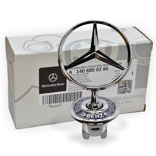 Mercedes Benz Genuine Vehicle Hood Star Emblem Badge (140-880-02-86 Chrome and Blue Laurel Wreath)