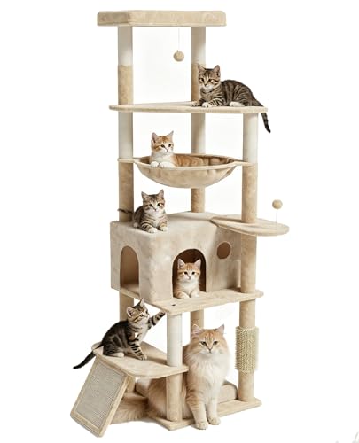 Image of Large Multi-Level Cat Tree, 66 Inches Tall Cat Tower with Scratching Posts, Condo, Hammock, Dangling Ball, and Extended Platform for Cats to Play and Sleep,Beige Cat Bed