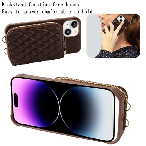 Image of MONASAY Zipper Wallet Case Compatible for iPhone 15 Plus /14 Plus,[Screen Protector][RFID Blocking] Flip Leather Handbag Phone Cover with Card Holder and Crossbody Lanyard Strap, Brown