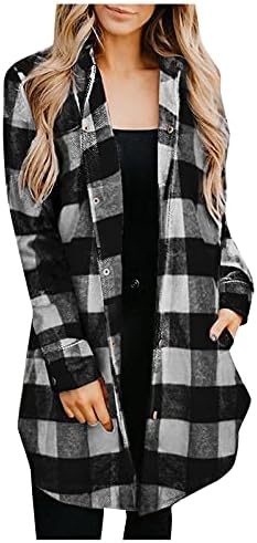Women's Casual Zip up Hoodies Long Tunic Sweatshirts Jackets Flannel Button Down Top Pockets Solid Color Long Sleeve Hooded Jacket with Drawstring Roll Up Collared Button Plaid Shirt