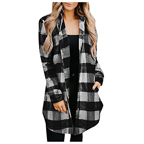 Women's Casual Zip Up Hoodies Long Tunic Sweatshirts Jackets Flannel Button Down Top Pockets Solid Color Long Sleeve Hooded Jacket With Drawstring Roll Up Collared Button Plaid Shirt #TOP1