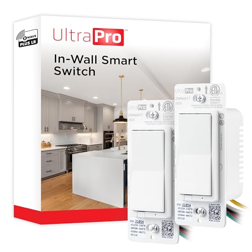 UltraPro Z-Wave Plus Long Range in-Wall Smart Light Switch for Smart Home Automation, 2 Pack, Plastic Yoke, Flying Leads, Single-Pole/3-Way, Hub Required, 76604