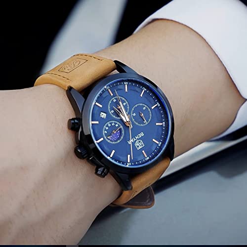 By Benyar Men's Watches Waterproof Sport Military Watch For Men Multifunction Chronograph Black Fashion Quartz Wristwatches Calendar With Leather Strap #TOP1