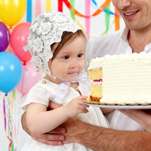 Image of Baby Bonnet for Baby Girl - Eyelet Lace Cotton Christening Baptism Sun Hat with Adjustable Chin Strap, White Infant Bonnet for Photo Shoot