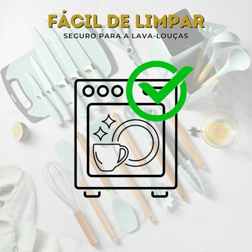 Kit Utensílios de Cozinha 19 Peças Conjunto Completo em Silicone com Cabo de Madeira Antiaderente co