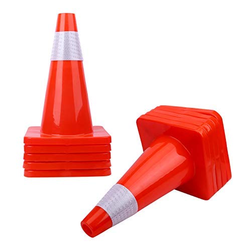 [ 10 Pack ] 18" Traffic Cones PVC Safety Road Parking Cones Weighted Hazard Cones Construction Cones for Traffic Fluorescent Orange w/4" Reflective Strips Collar Traffic Safety Cones