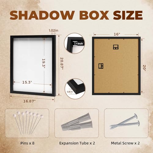Image of Muzilife 16x20 Shadow Box Frame in Black with MDF Wood Frame and Soft Linen Back, Large Shadow Box Display Case for Memorabilia, Photos, Flowers for Wall or Tabletop Display with 8 pins