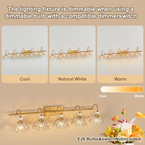 Image of Vintage Bathroom Vanity Light, 5-Light Matte Brass Finish Vanity Light with Floral Amber Glass Shades, Retro Wall Mount Lighting for Bathroom, Living Room