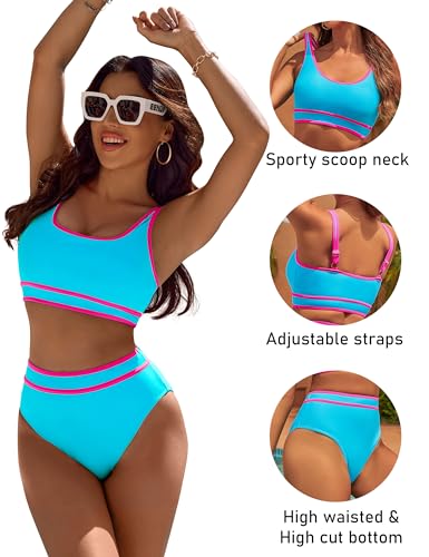 Image of BMJL Women's High Waisted Bikini Sets Sporty Two Piece Swimsuits Color Block Tummy Control Modest Bathing Suit