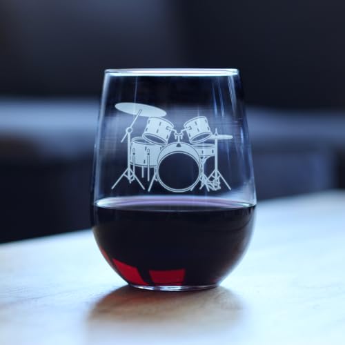 Drums - Stemless Wine Glass - Drumming Gifts for Drummers - Large 17 Ounce Glasses - Thumbnail 2