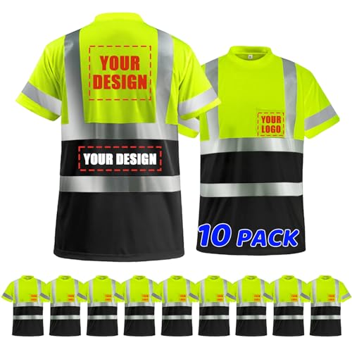 10 Pack High Visibility T Shirts Custom Logo Safety Shirts Class2 Personalized Reflective Apparel with Pocket Construction Workwear (Black-Shortsleeve,X-Large)