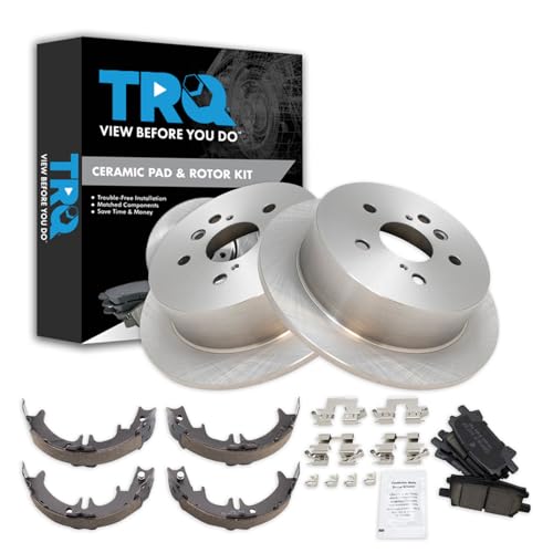 Image of TRQ Rear Brake Pad and Rotor Set Ceramic Parking Shoe Compatible with 2004-2006 Lexus RX330 2007-2009 RX350 2006-2008 RX400h 2004-2007 Toyota Highlander