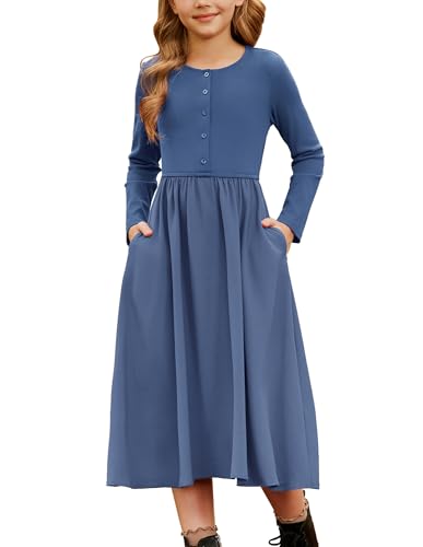 GRACE KARIN Girls Fall Long Sleeve Dresses Girl Casual Maxi Dress with Pockets Kids Formal Party Dress Size 6-14