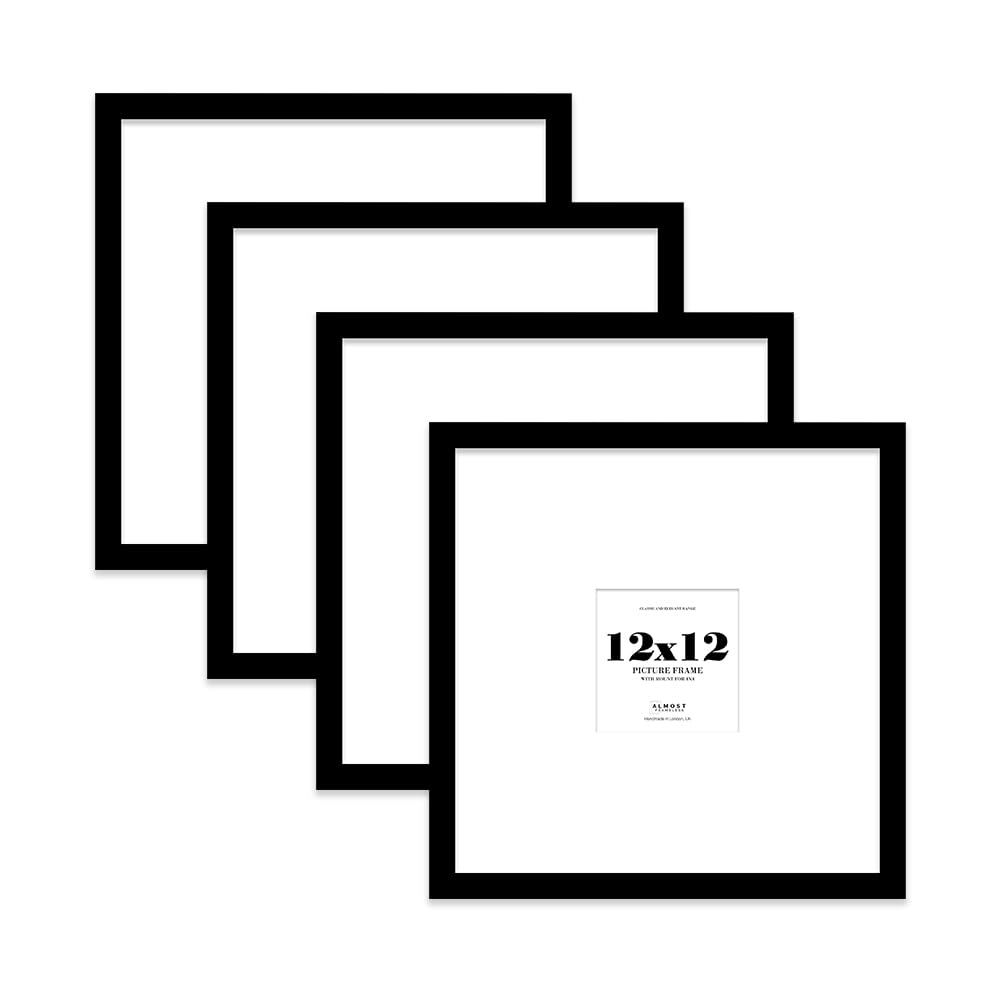 12x12 Black Picture Frame with Large Mount for 4x4 Photos, Prints - Modern Square Wall Frame, Set of 4
