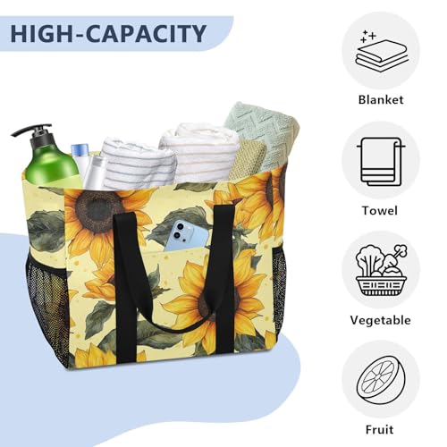 JUNZAN Yellow Sunflowers in Beige Utility Tote Foldable Beach Tote Bag With Compartments Reusable Shopping Bags with Handles Travel Laundry Bag 6